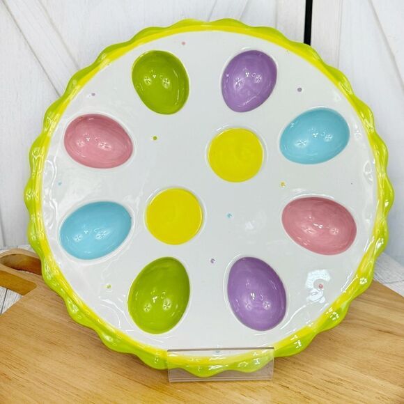 Pier 1 Pastel Deviled Eggs Easter Ceramic Platter Multicolor 11 Inch Round - Picture 1 of 13
